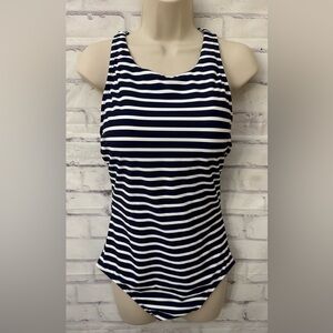 Lands End size‎ med striped one piece swimsuit blue white lined slimming